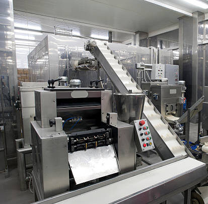 Automated production line in modern food factory. Ravioli production. People working.